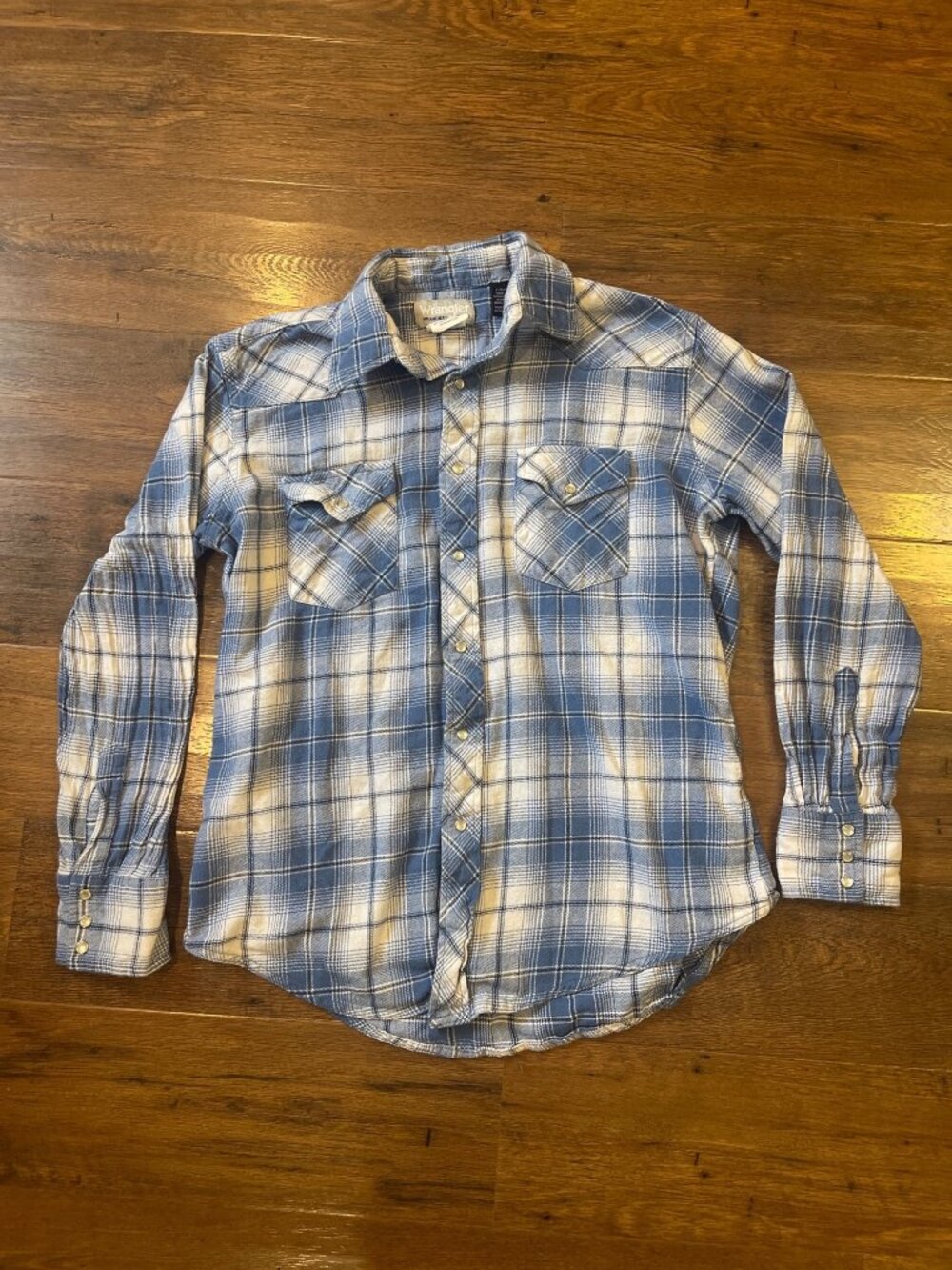 Wrangler Wrancher Shirt Long Sleeve Pearl Snap Blue Sz Large